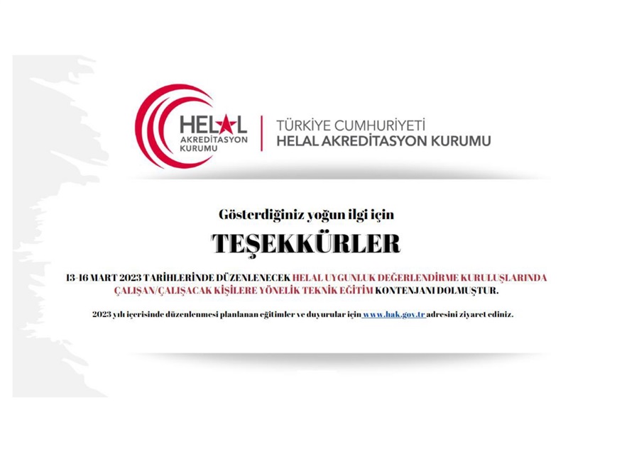 Helal Uygunluk Değerlendirme Kuruluşlarında Çalışan/Çalışacak Kişilere Yönelik Teknik Eğitim